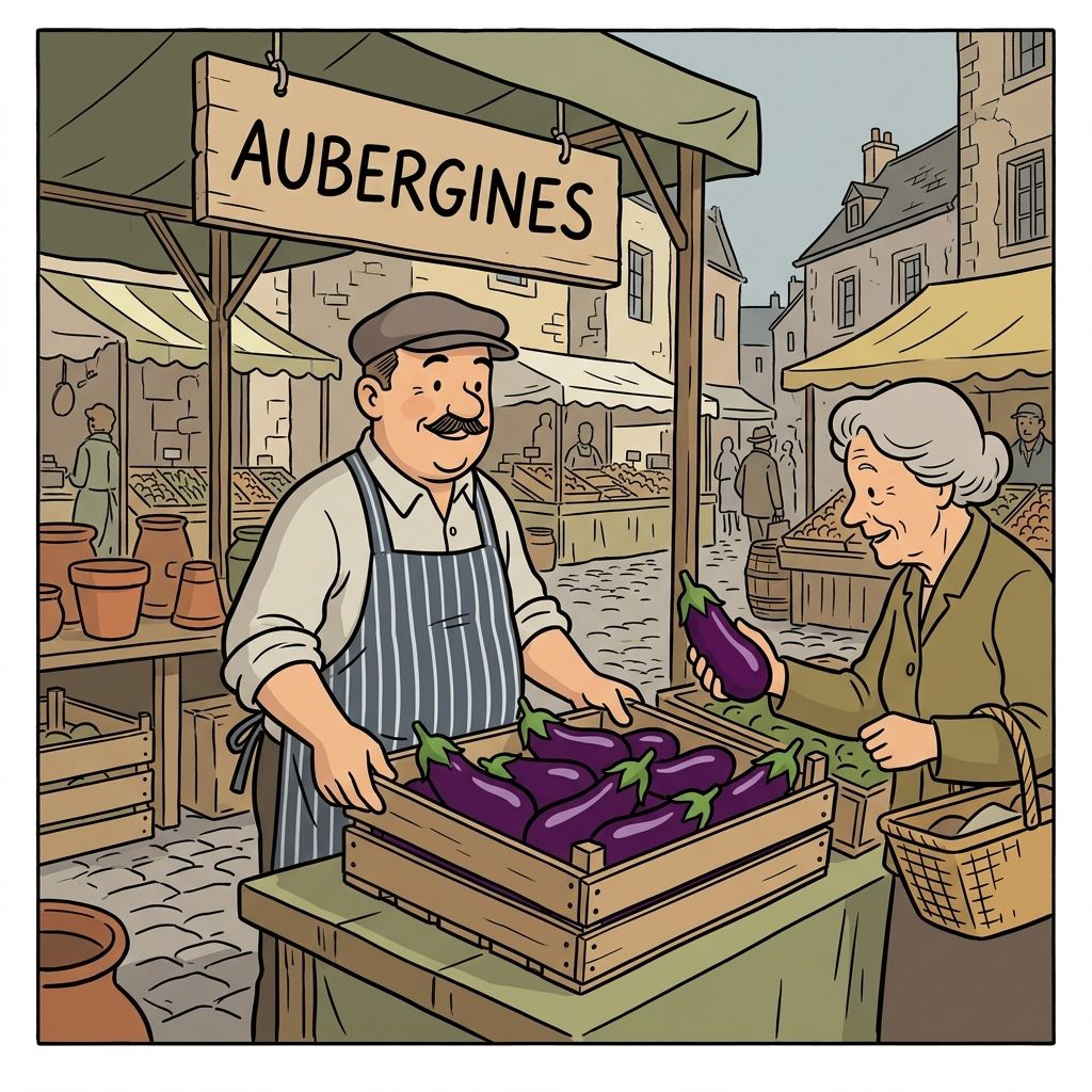 AI mnemonic illustration for the English word "aubergines"