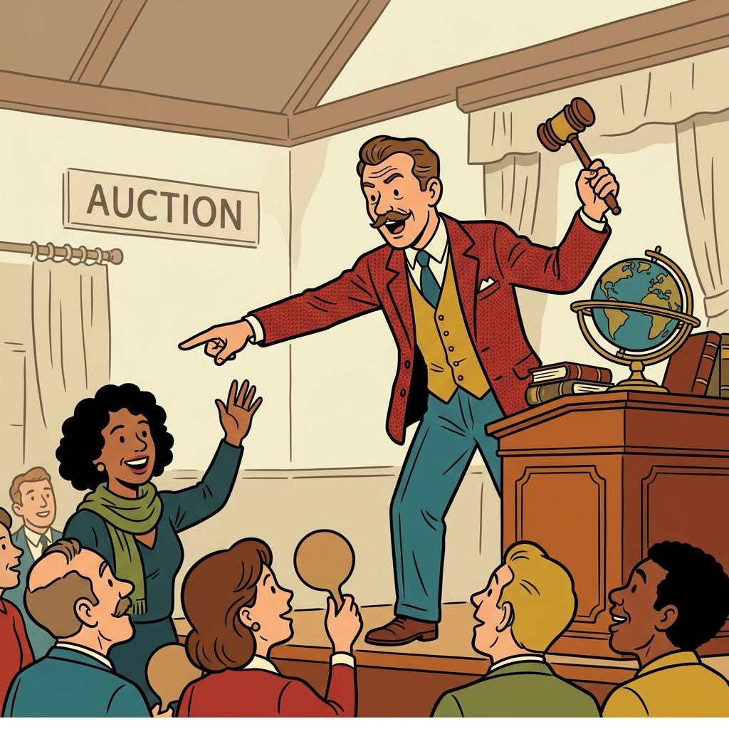 AI mnemonic illustration for the English word "auctioneer"
