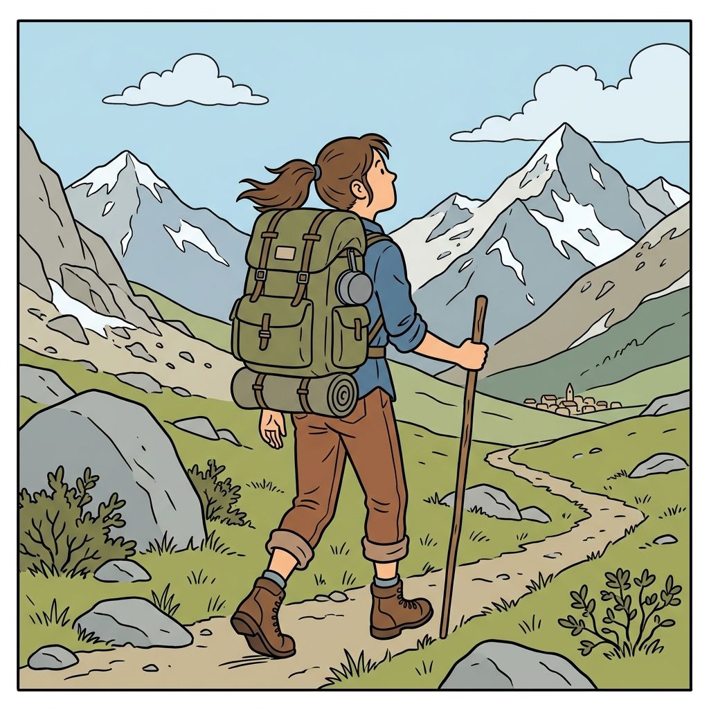 AI mnemonic illustration for the English word "backpacking"