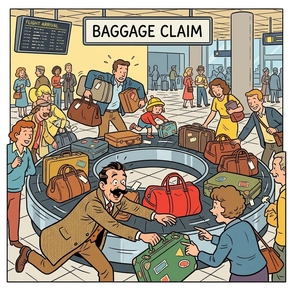 AI mnemonic illustration for the English word "baggage claim"