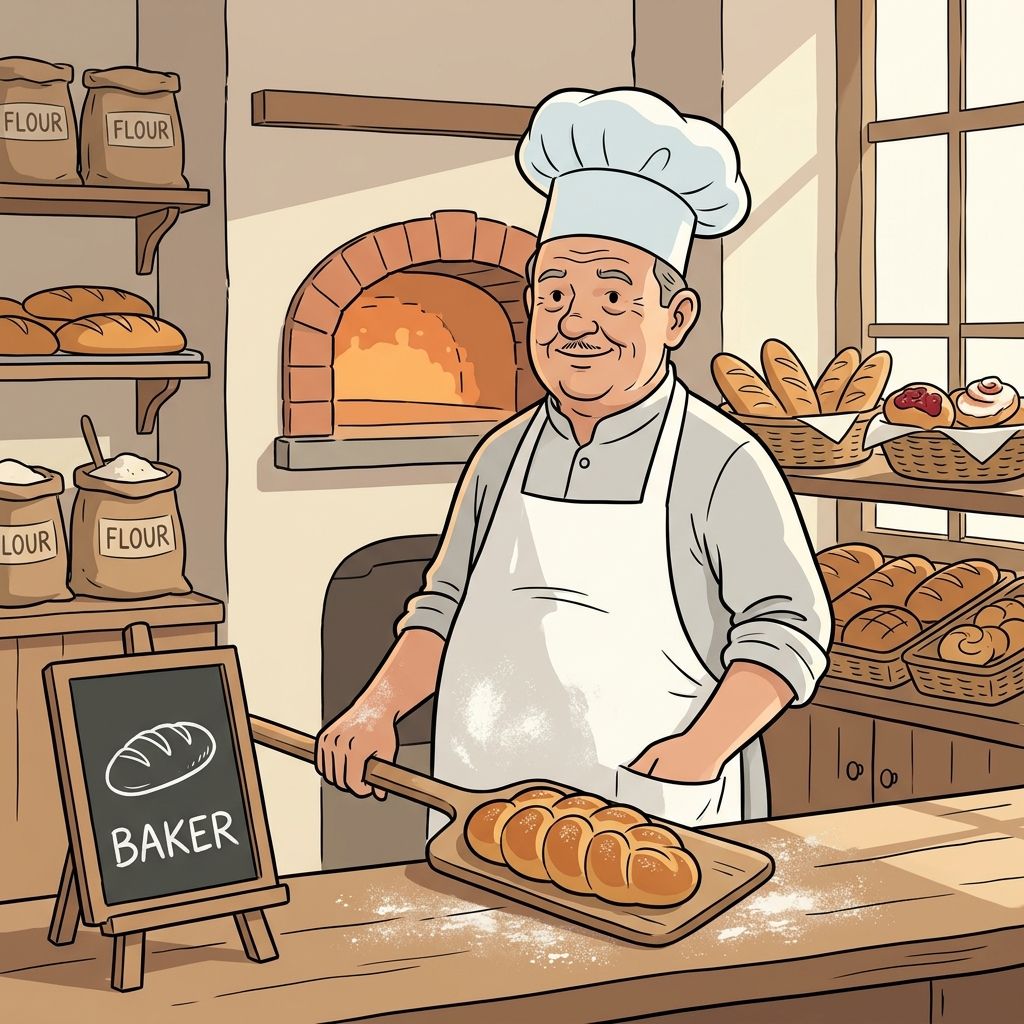 AI mnemonic illustration for the English word "baker"