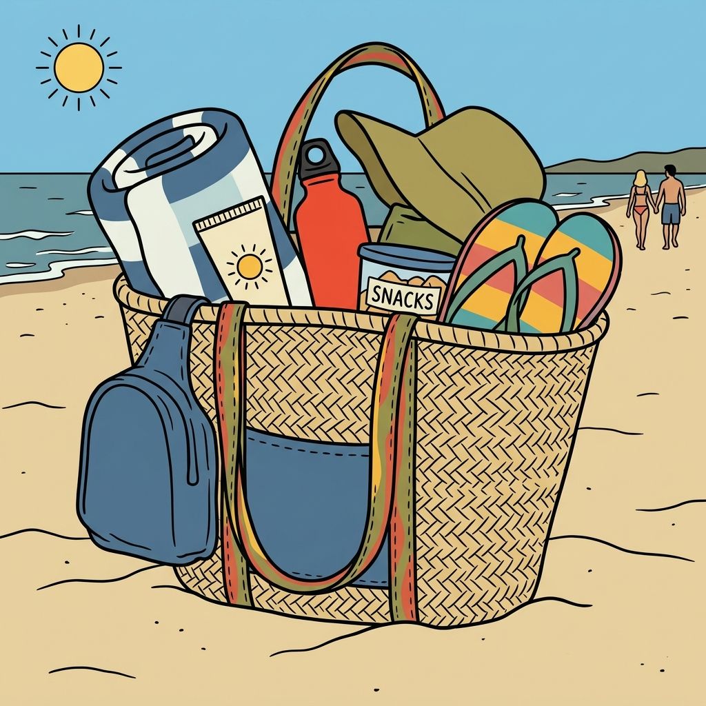 AI mnemonic illustration for the English word "beach bag"