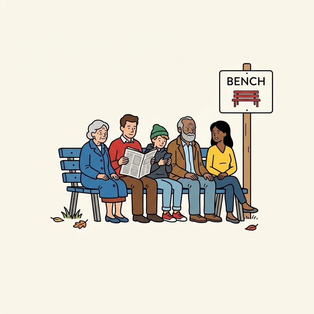 AI mnemonic illustration for the English word "bench"