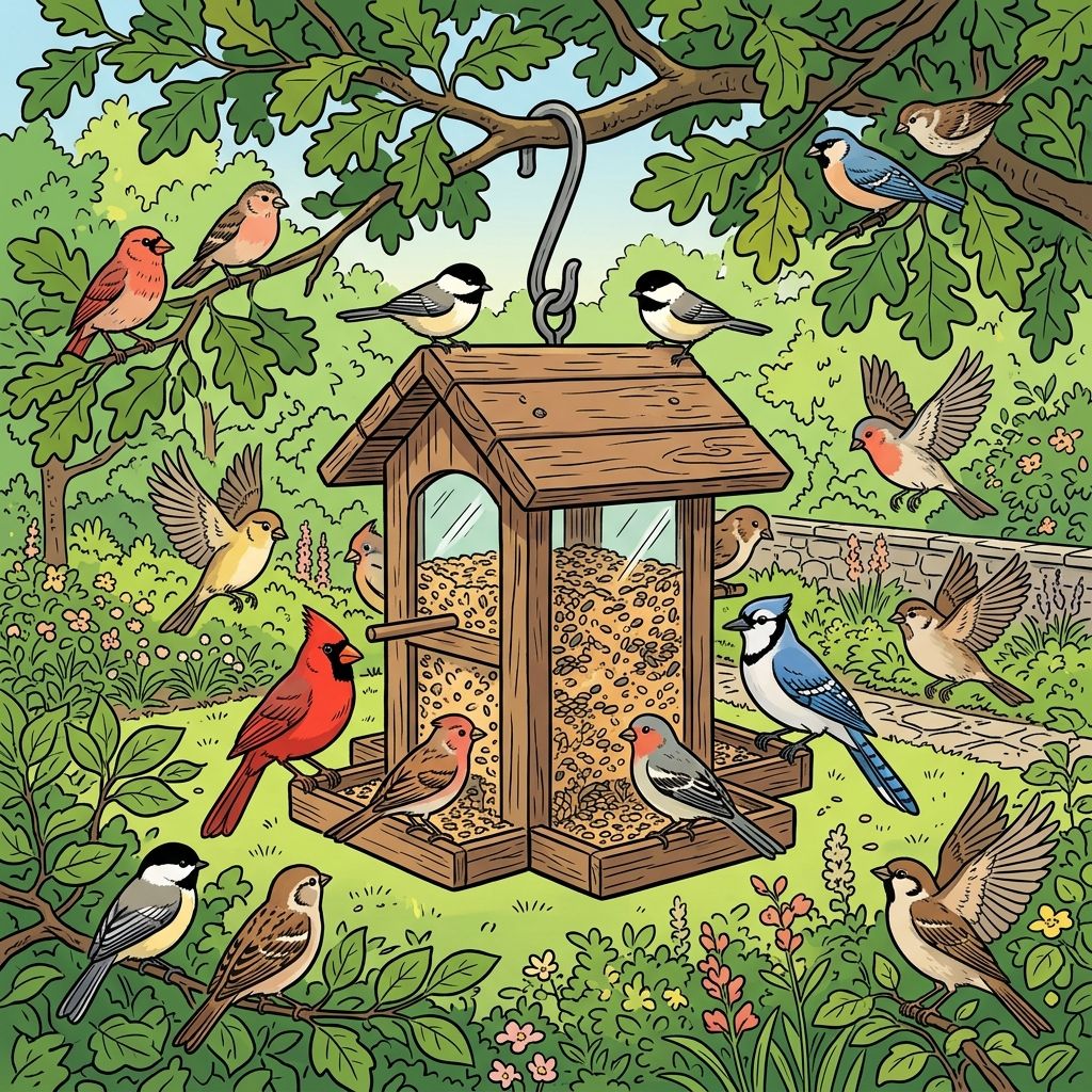 AI mnemonic illustration for the English word "bird feeder"