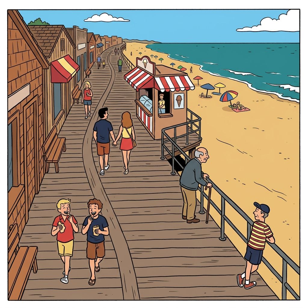 AI mnemonic illustration for the English word "boardwalk"