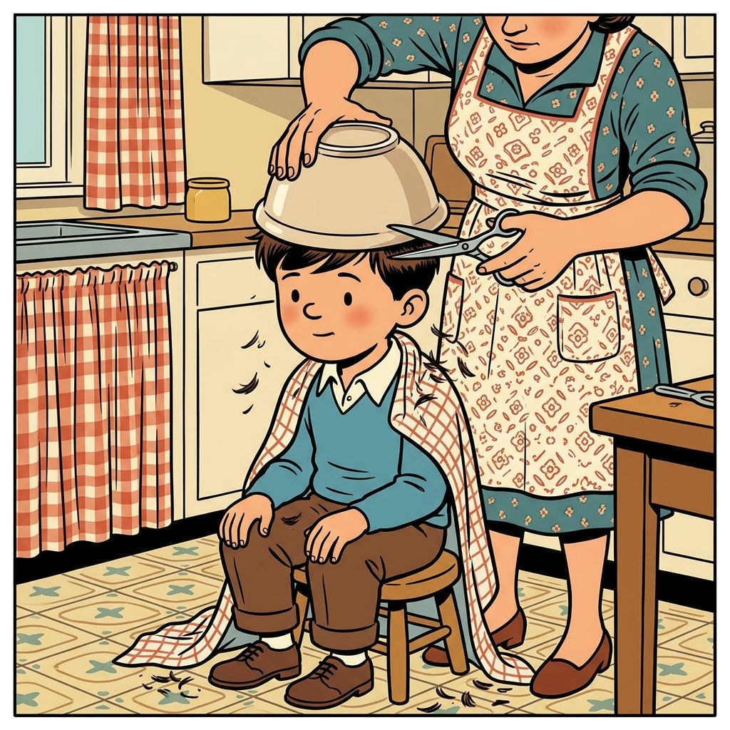AI mnemonic illustration for the English word "bowl cut"