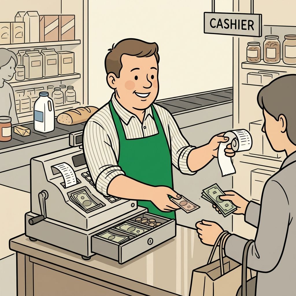 AI mnemonic illustration for the English word "cashier"