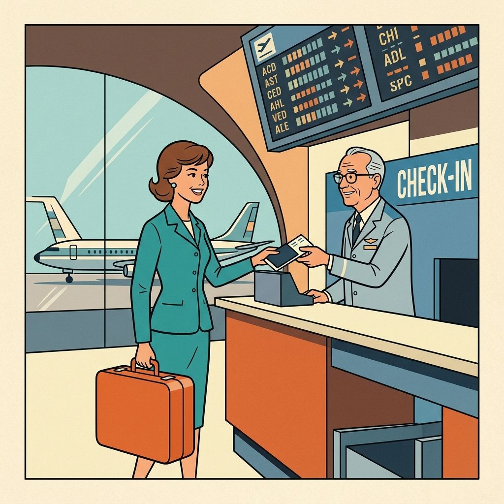 AI mnemonic illustration for the English word "check-in"