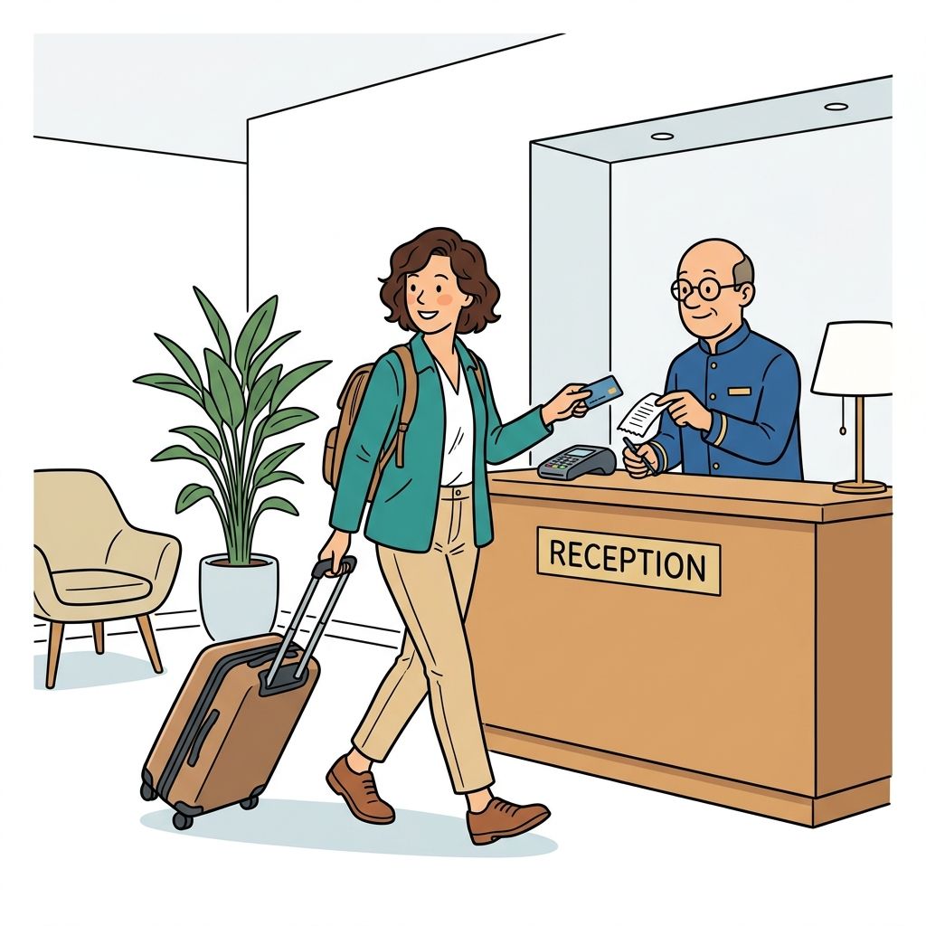AI mnemonic illustration for the English word "check-out"