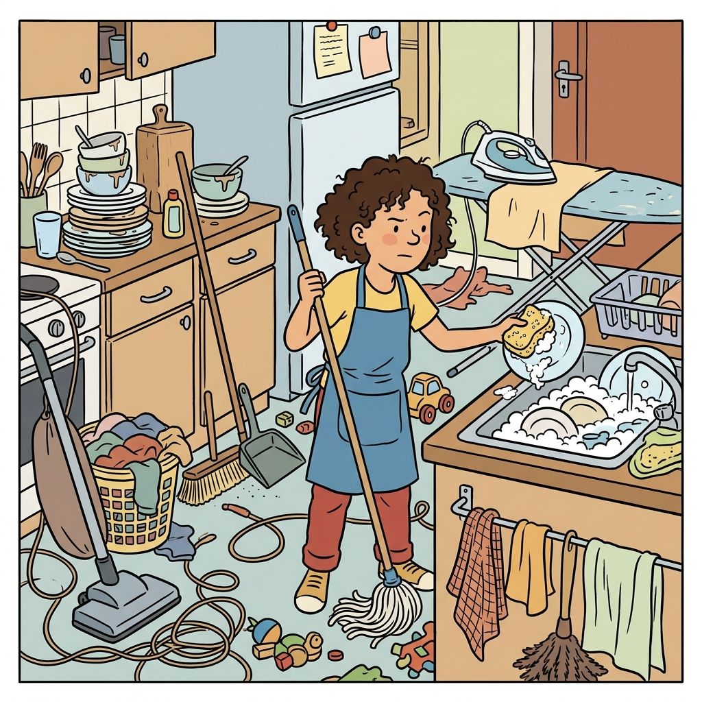 AI mnemonic illustration for the English word "chores"