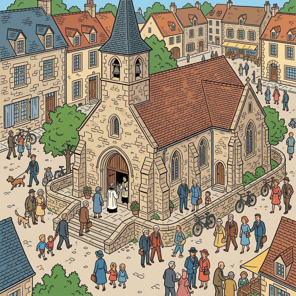 AI mnemonic illustration for the English word "church"