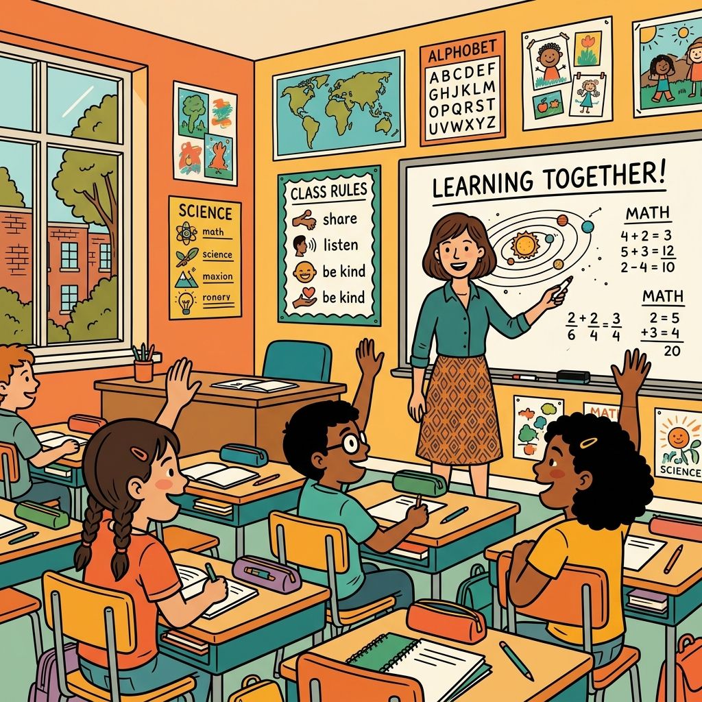 AI mnemonic illustration for the English word "classroom"