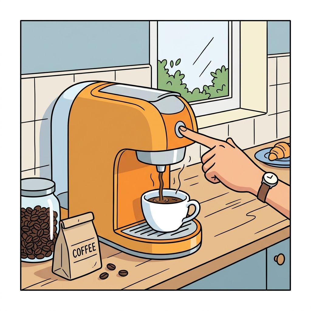 AI mnemonic illustration for the English word "coffee machine"
