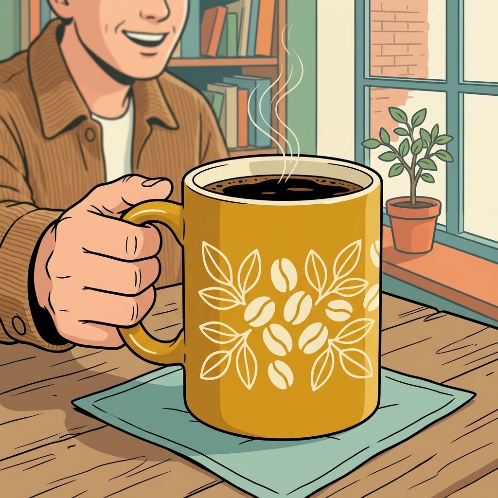 AI mnemonic illustration for the English word "coffee mug"