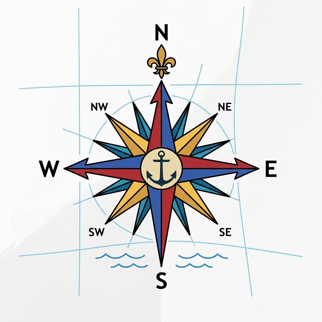AI mnemonic illustration for the English word "compass rose"