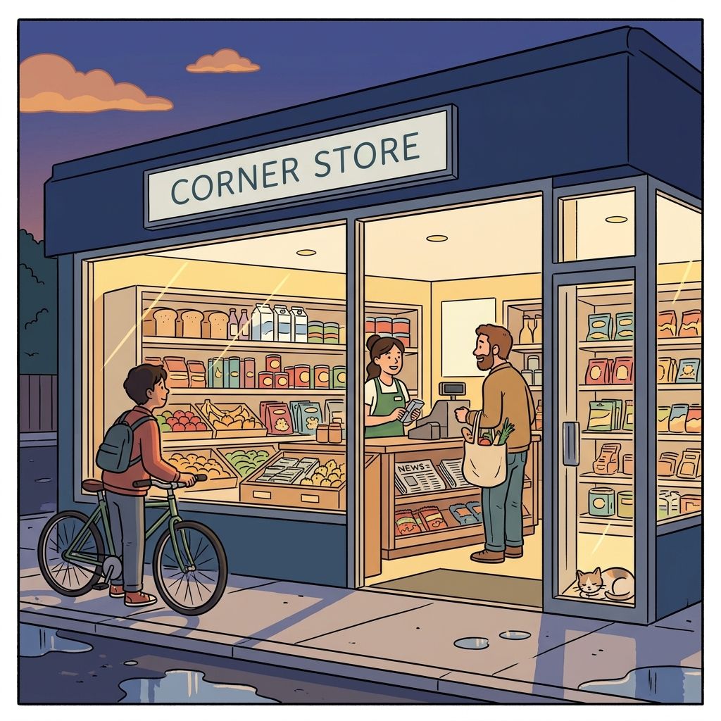 AI mnemonic illustration for the English word "convenience store"