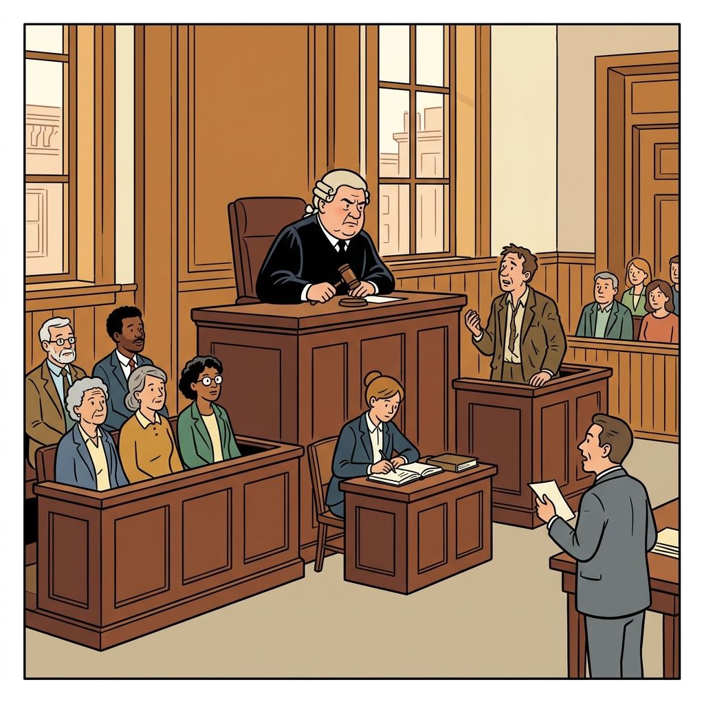 AI mnemonic illustration for the English word "courtroom"