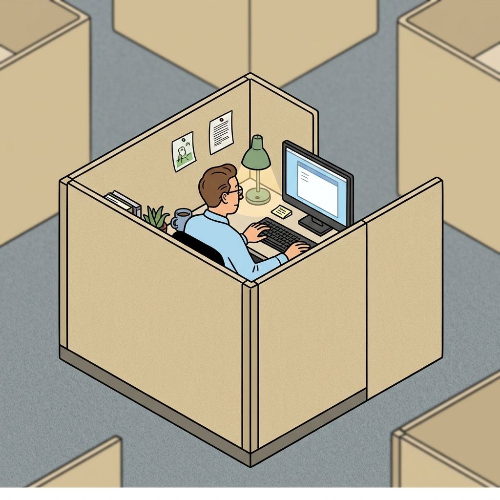 AI mnemonic illustration for the English word "cubicle"