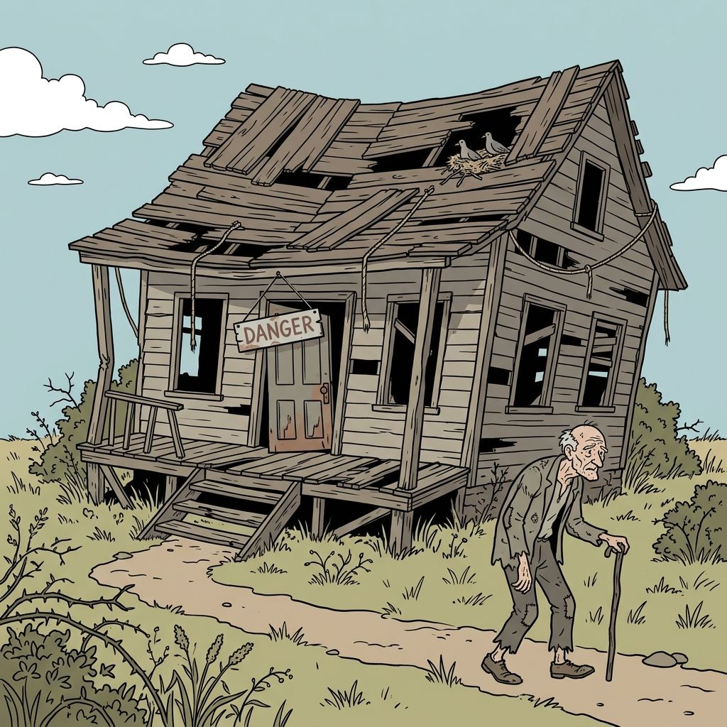 AI mnemonic illustration for the English word "decrepit"