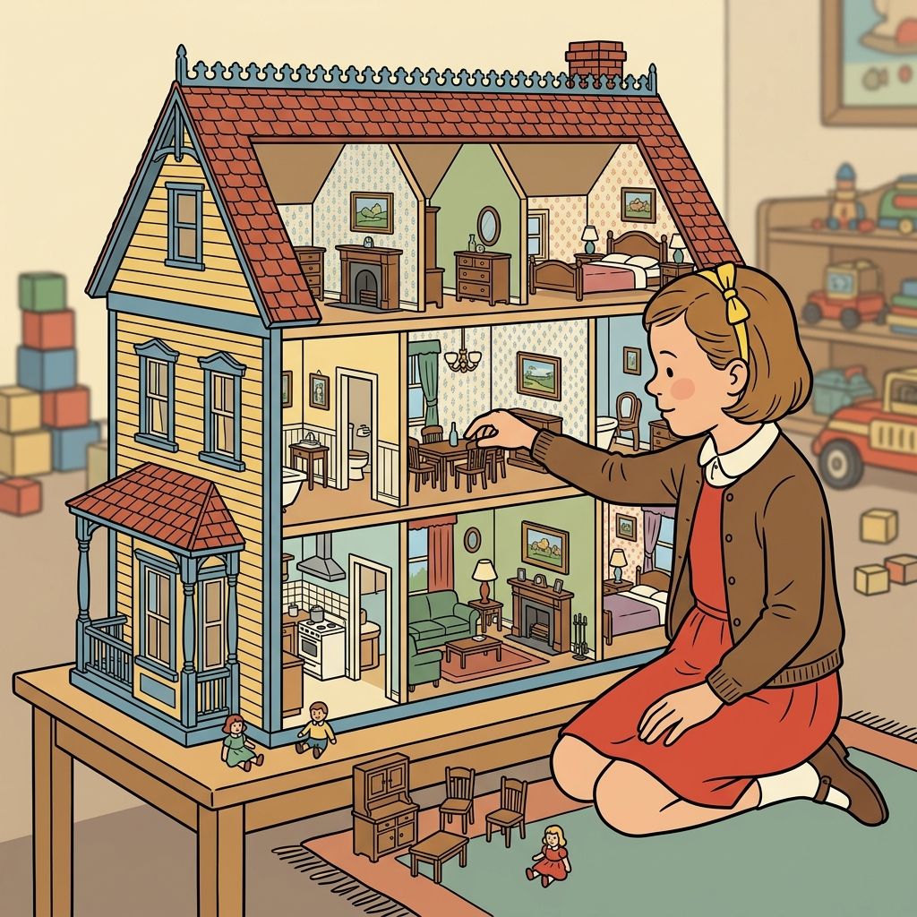 AI mnemonic illustration for the English word "dollhouse"