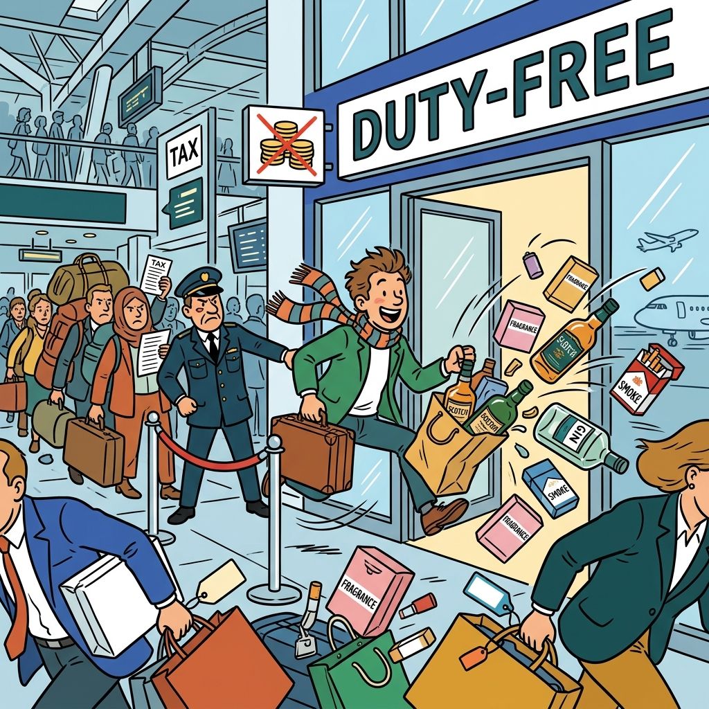AI mnemonic illustration for the English word "duty-free"