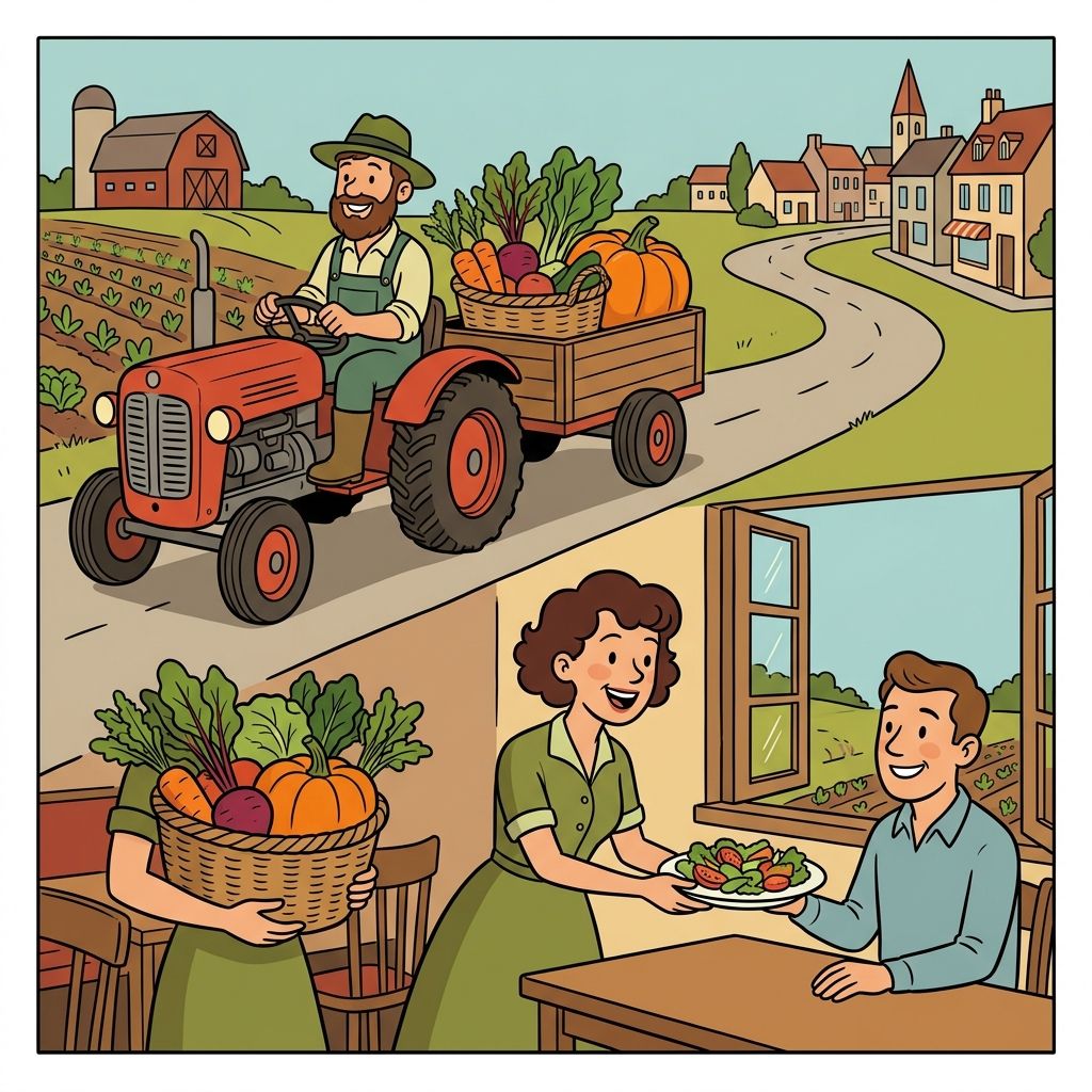 AI mnemonic illustration for the English word "farm-to-table"