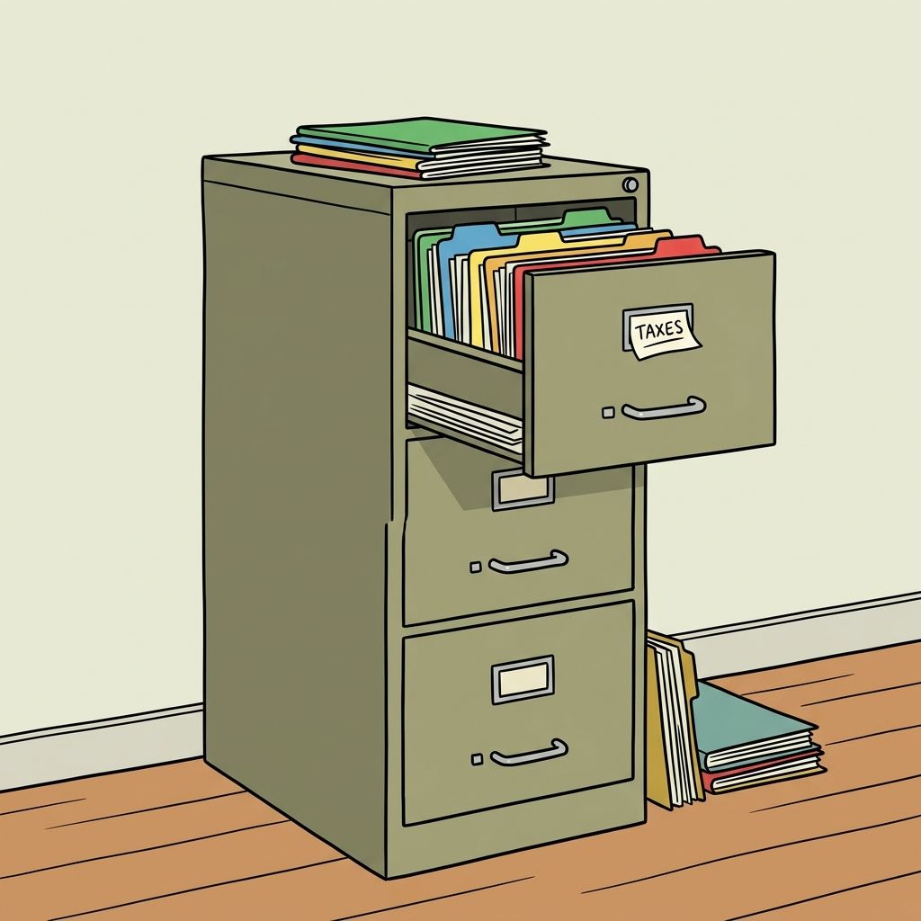 AI mnemonic illustration for the English word "filing cabinet"