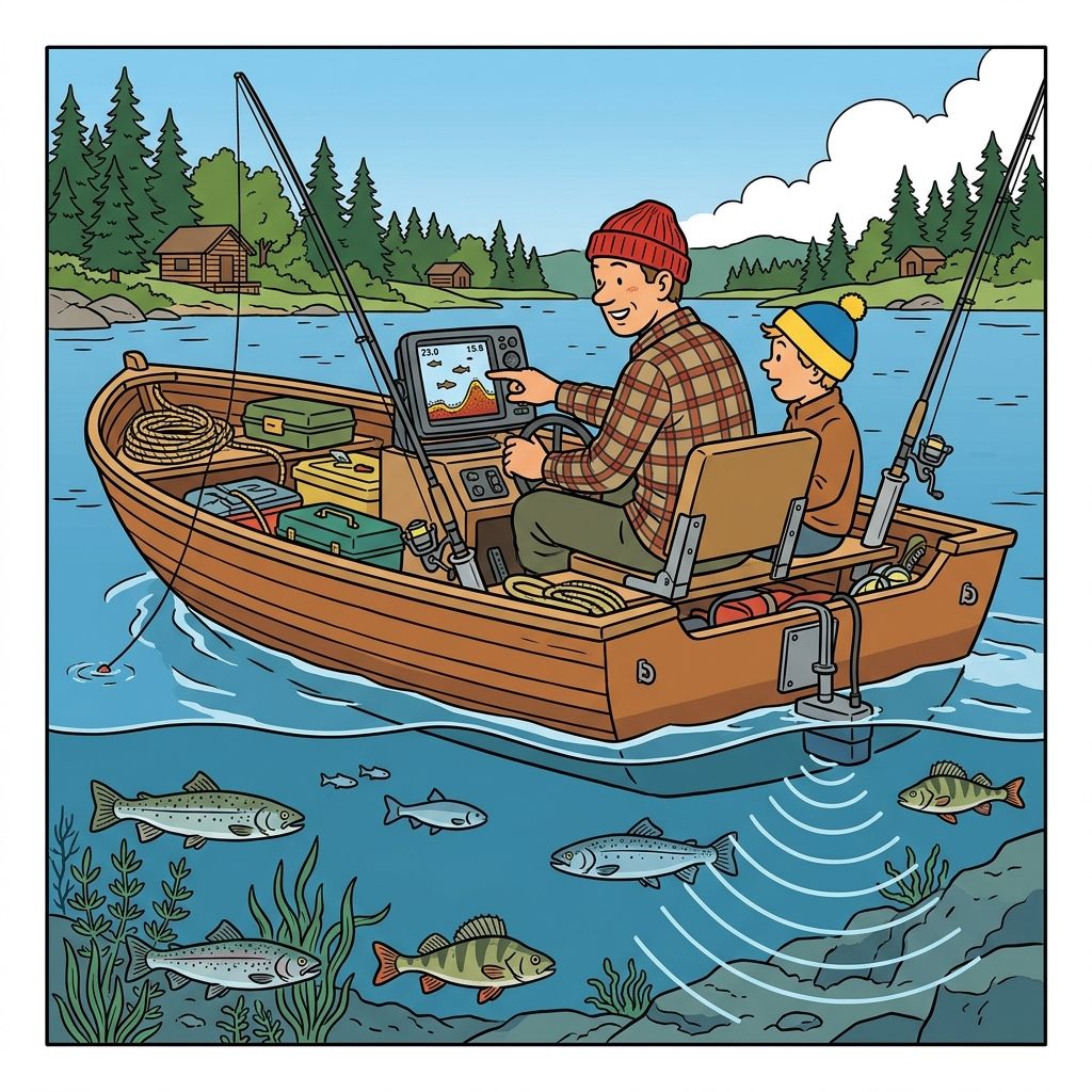 AI mnemonic illustration for the English word "fish finder"
