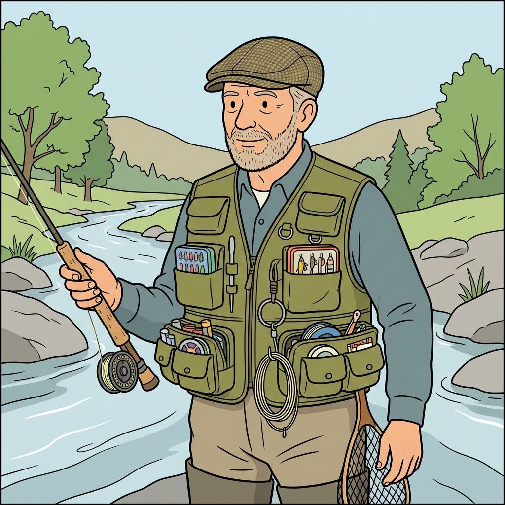 AI mnemonic illustration for the English word "fishing vest"