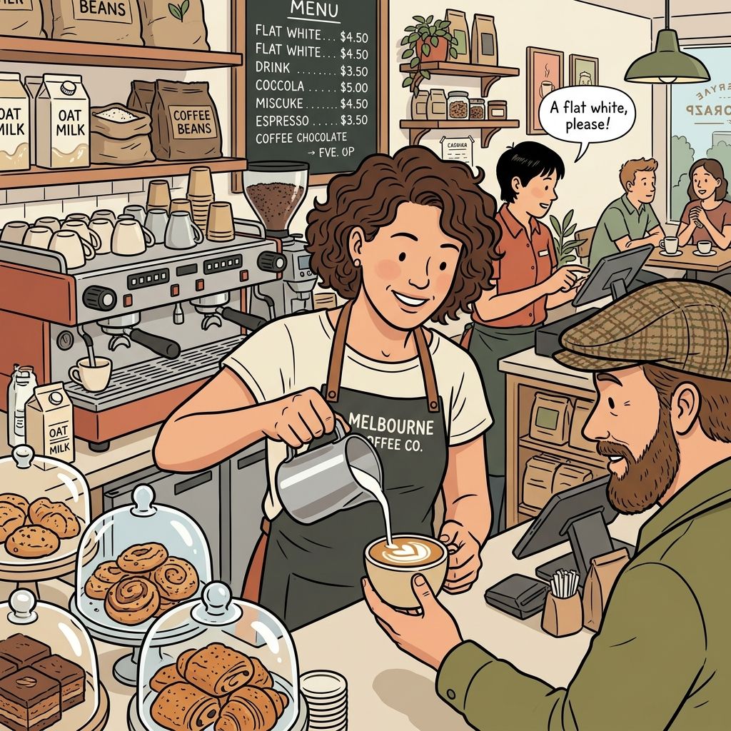 AI mnemonic illustration for the English word "flat white"