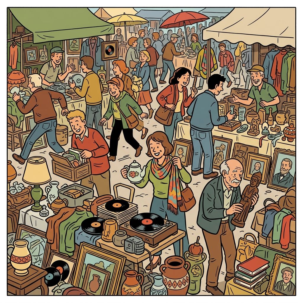 AI mnemonic illustration for the English word "flea market"