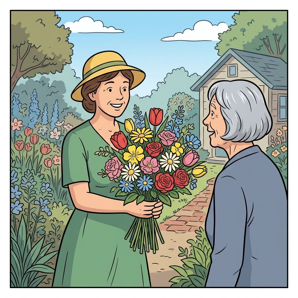 AI mnemonic illustration for the English word "flowers"