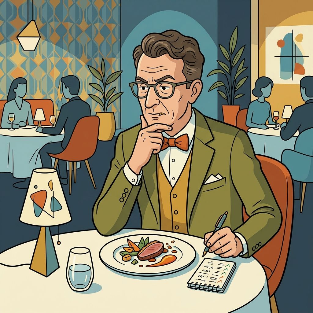 AI mnemonic illustration for the English word "food critic"