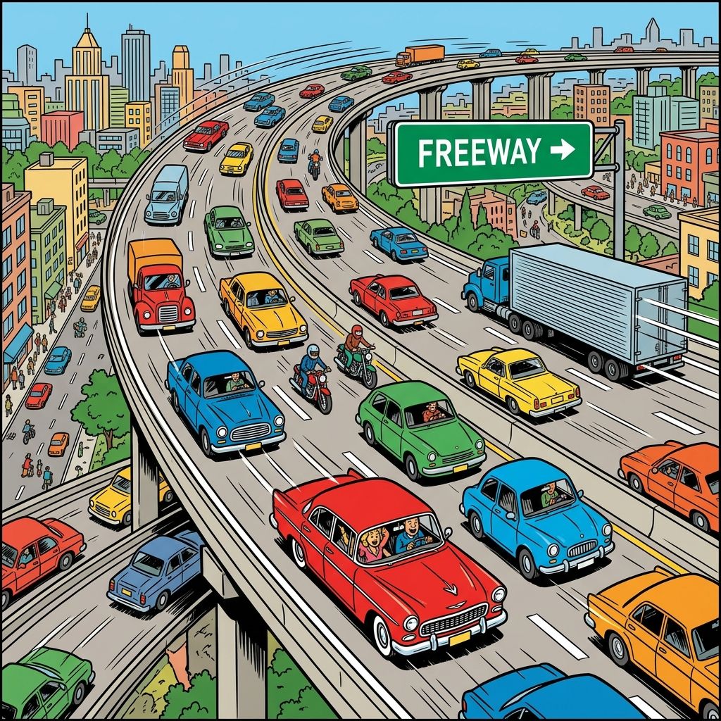 AI mnemonic illustration for the English word "freeway"