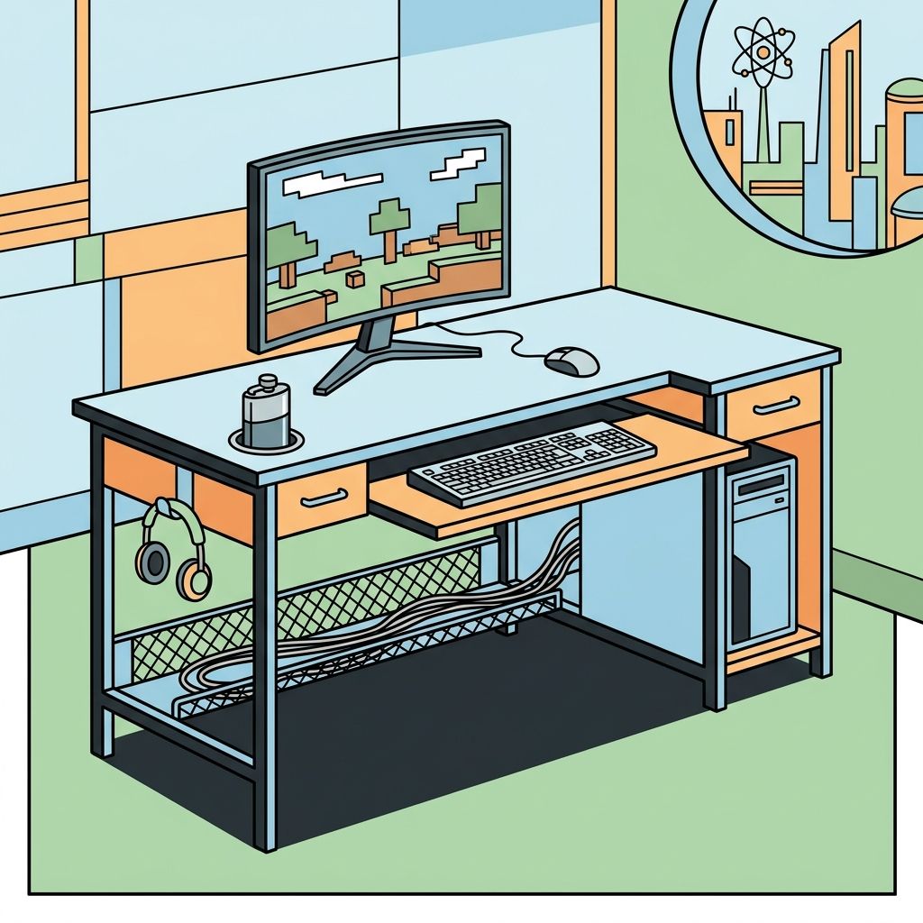 AI mnemonic illustration for the English word "gaming desk"