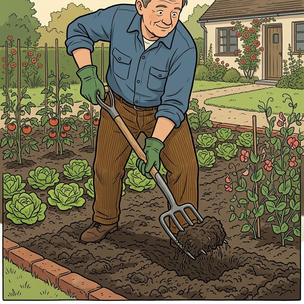 AI mnemonic illustration for the English word "garden fork"