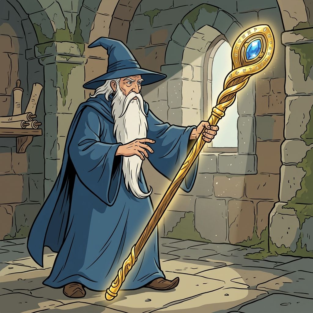 AI mnemonic illustration for the English word "golden staff"