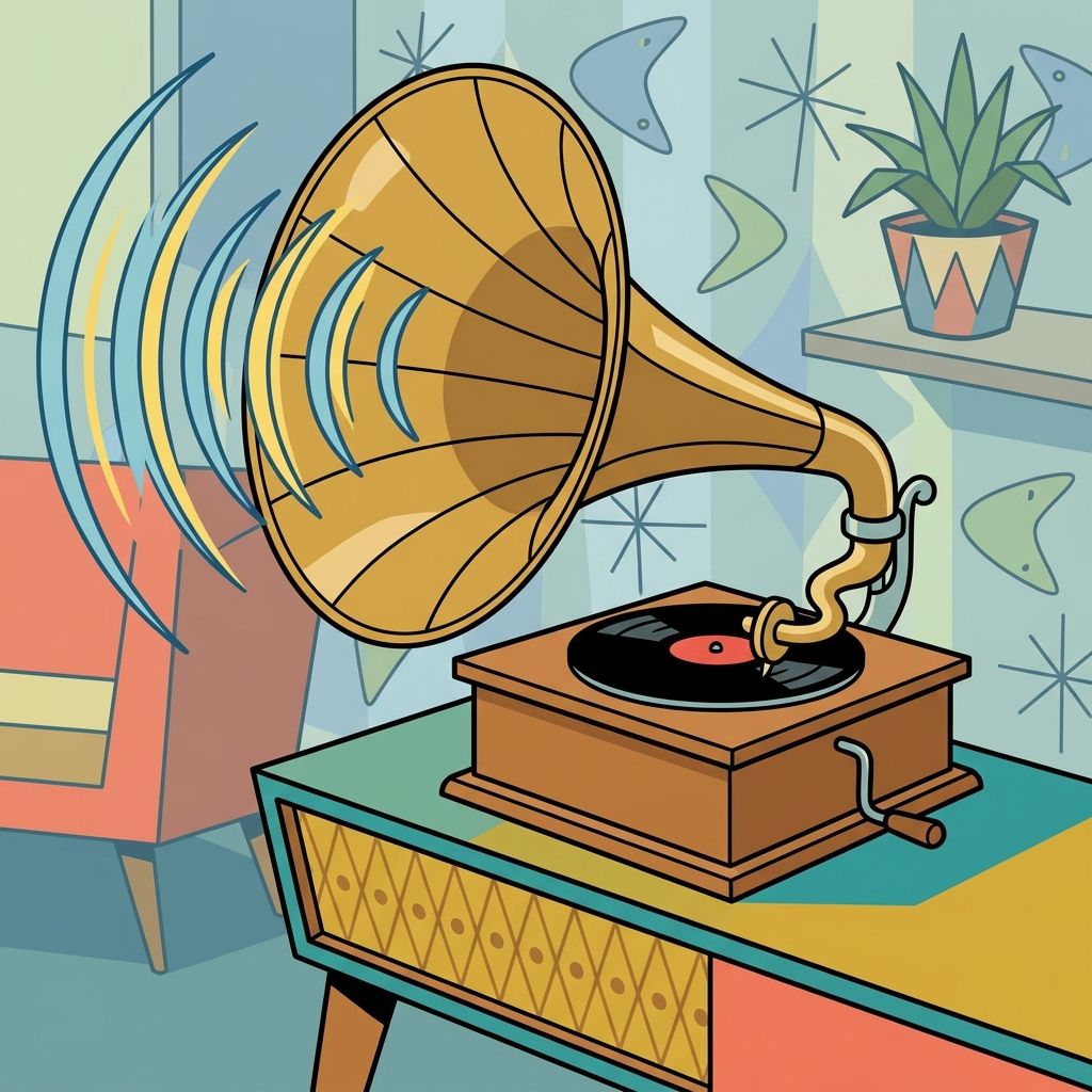 AI mnemonic illustration for the English word "gramophone"