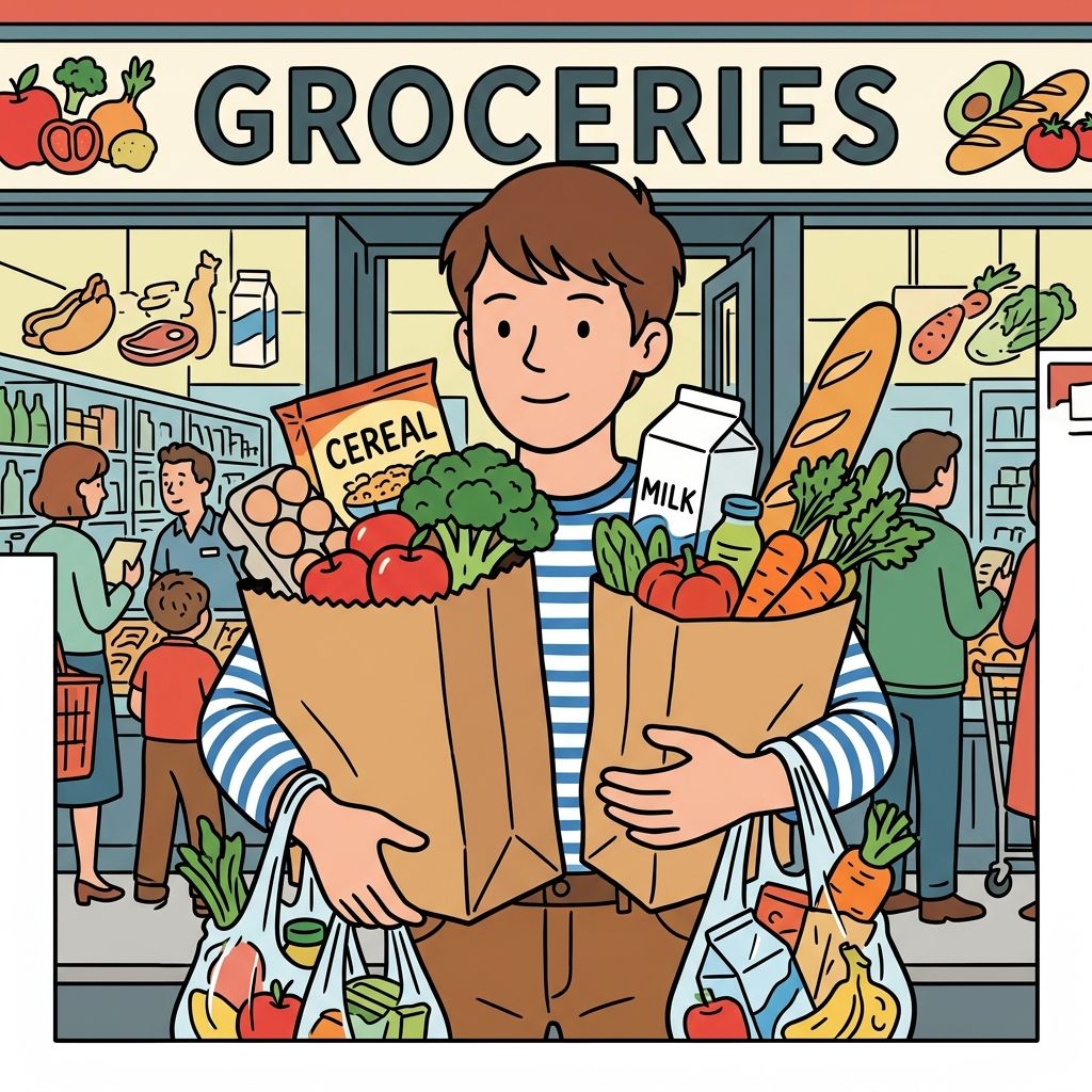 AI mnemonic illustration for the English word "groceries"