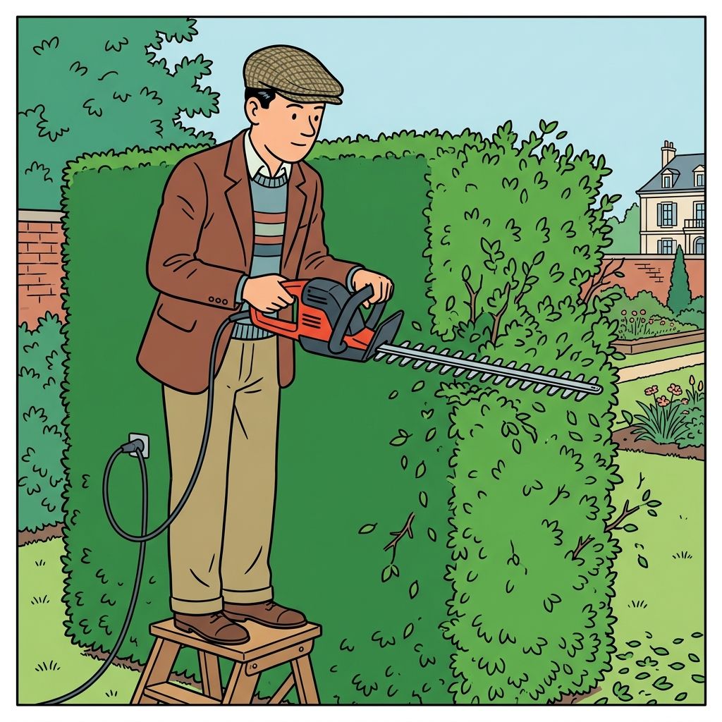 AI mnemonic illustration for the English word "hedge trimmer"