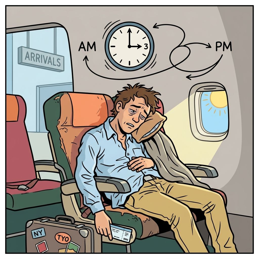 AI mnemonic illustration for the English word "jet lag"