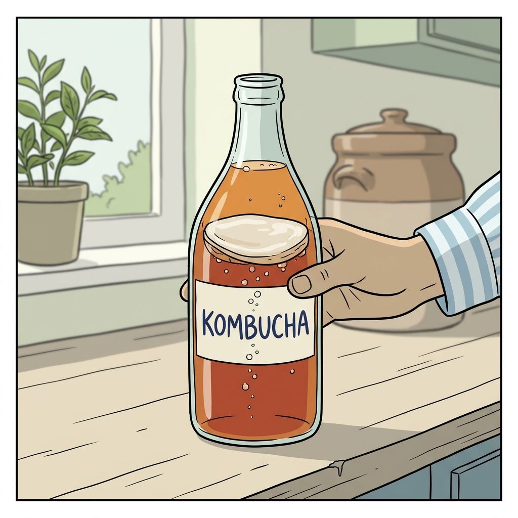 AI mnemonic illustration for the English word "kombucha"
