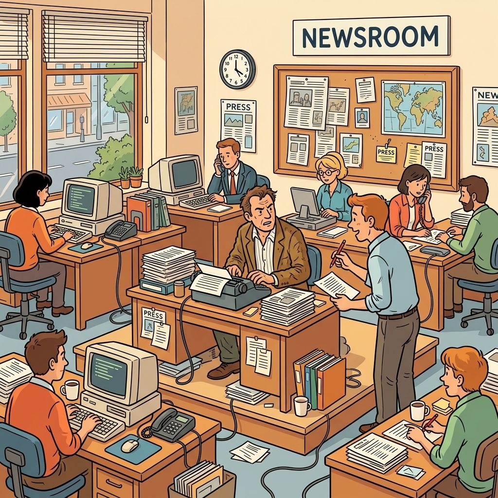 AI mnemonic illustration for the English word "newsroom"