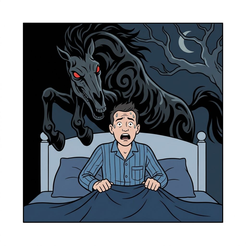 AI mnemonic illustration for the English word "nightmare"