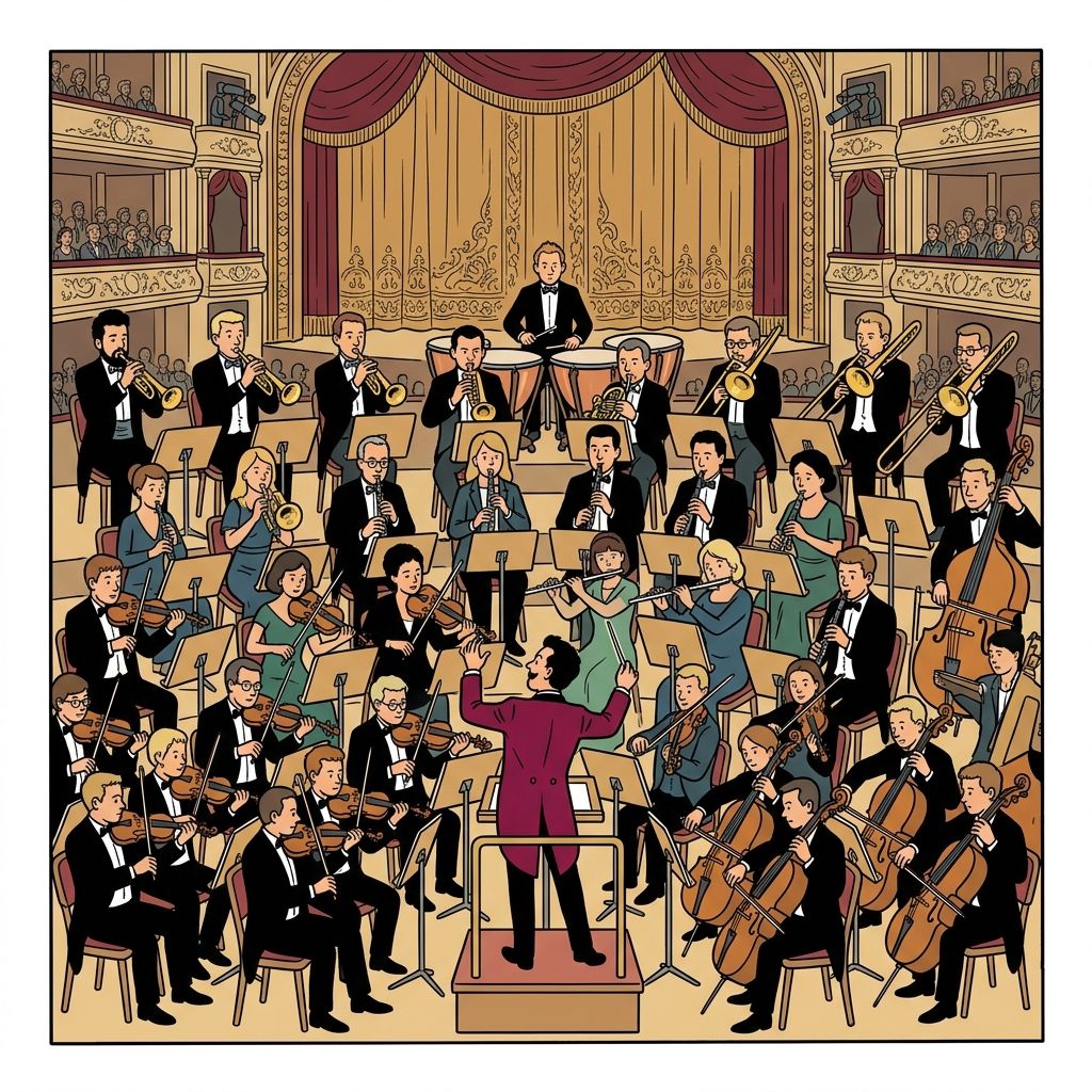 AI mnemonic illustration for the English word "orchestra"