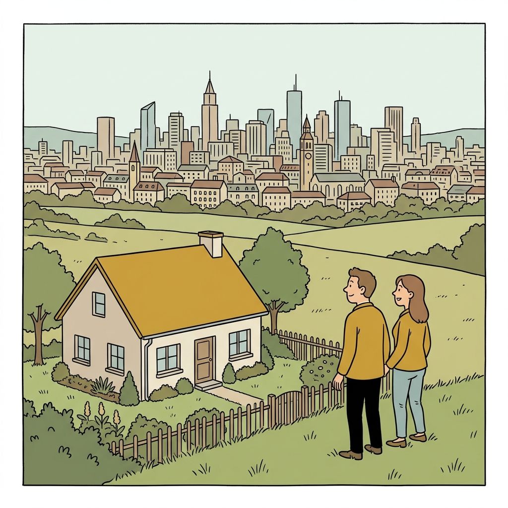 AI mnemonic illustration for the English word "outskirts"