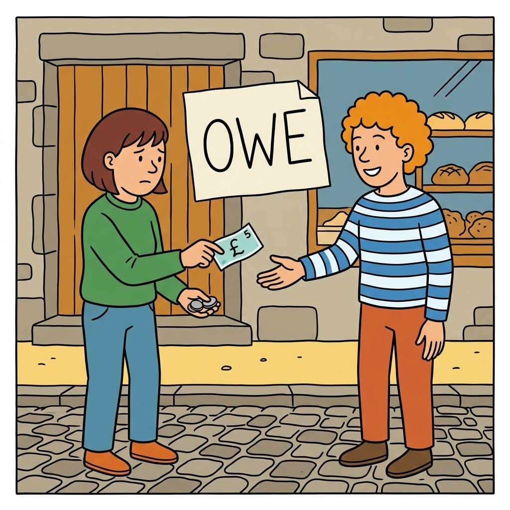 AI mnemonic illustration for the English word "owe"