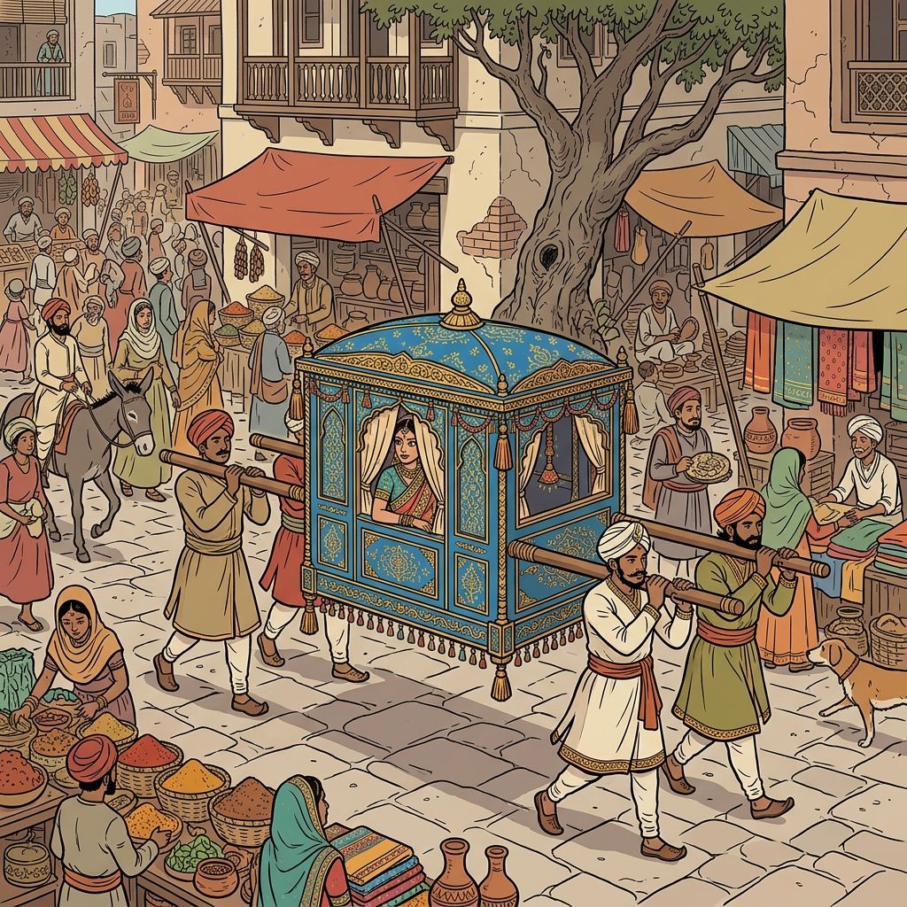 AI mnemonic illustration for the English word "palanquin"