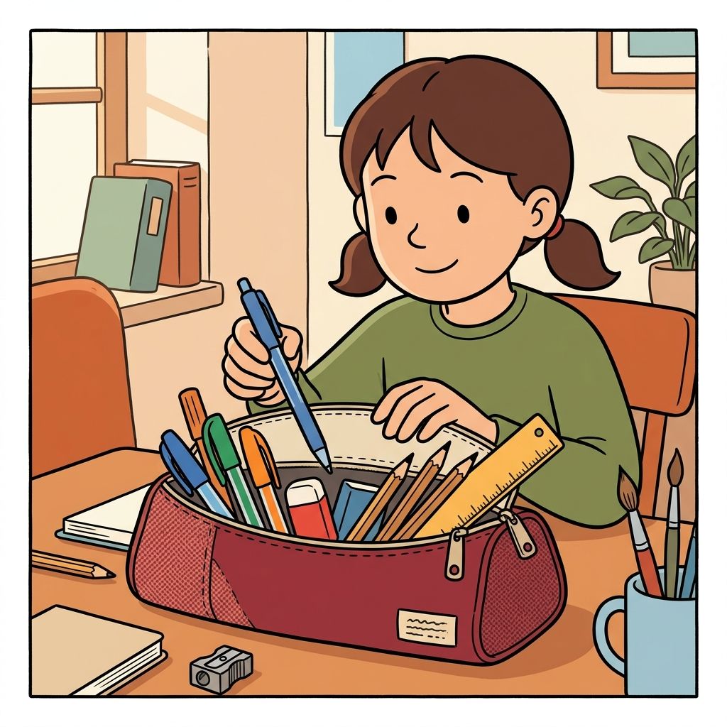 AI mnemonic illustration for the English word "pencil case"