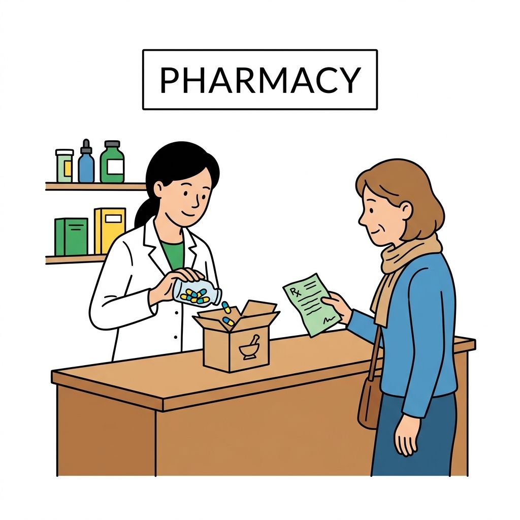 AI mnemonic illustration for the English word "pharmacy"
